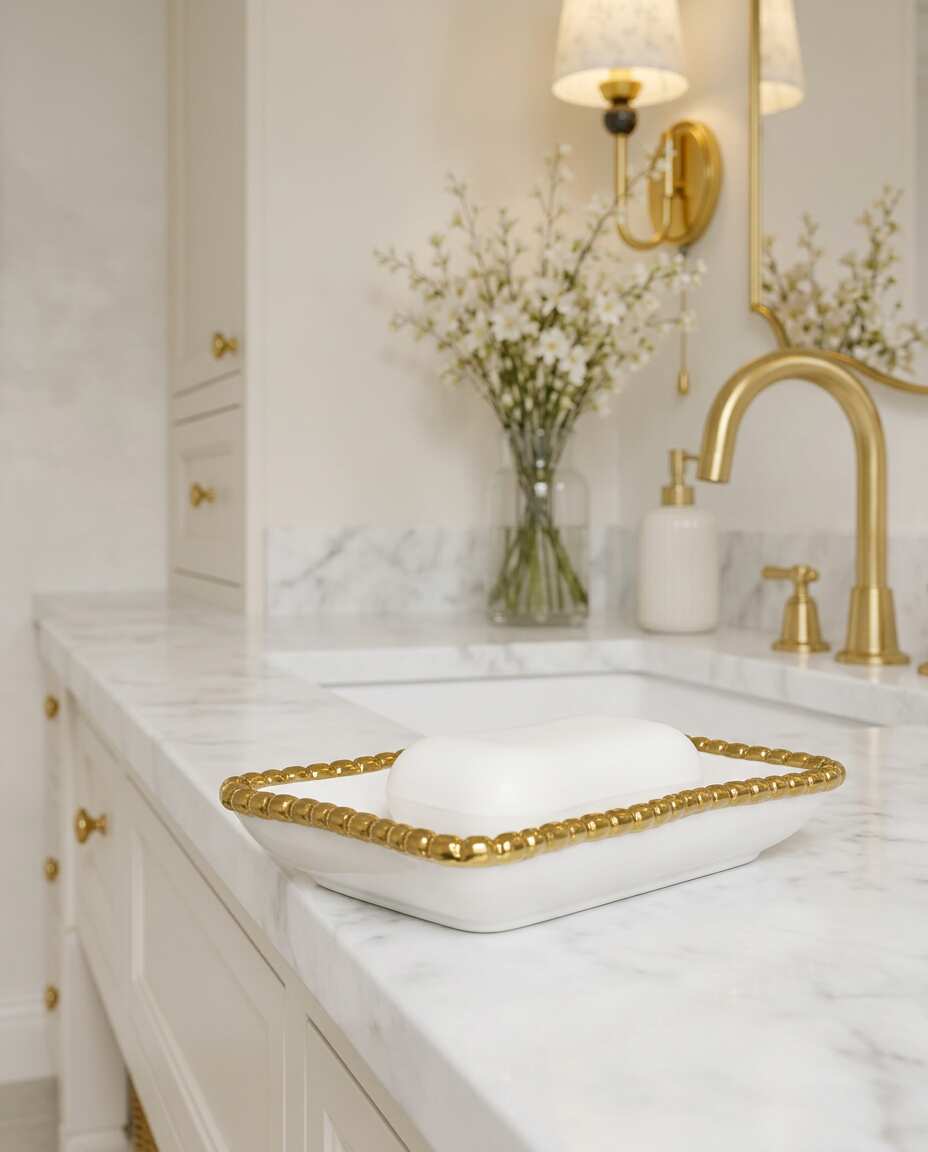 Sienna White and Gold beaded Soap Dish — Premium Bathroom Decor