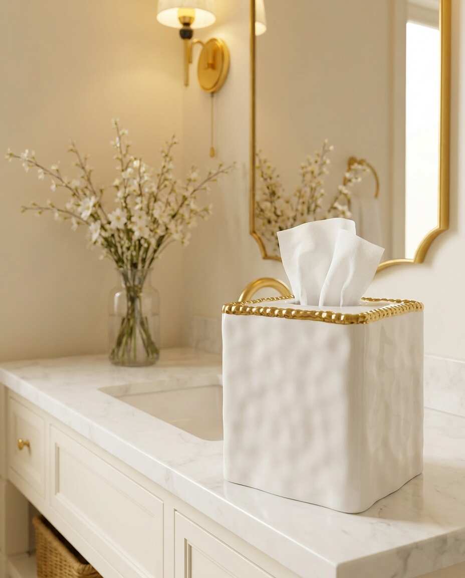 Sienna White and Gold Square Tissue Box Cover — Luxury Bathroom Accessory