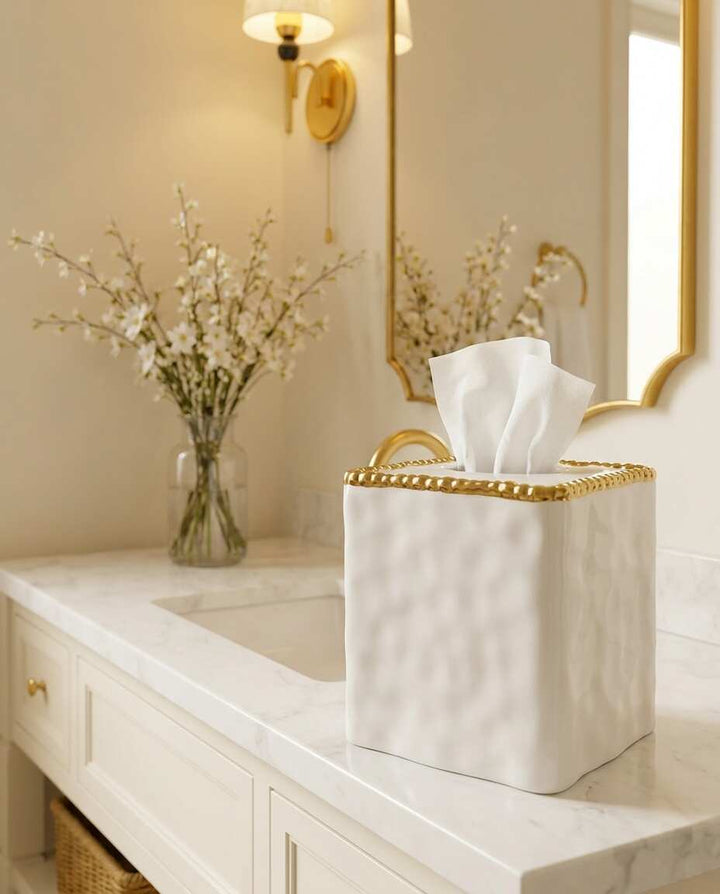Sienna White and Gold Square Tissue Box Cover — Luxury Bathroom Accessory