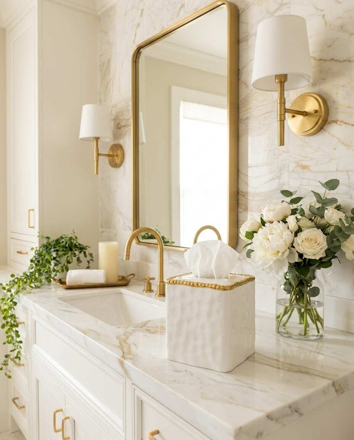 Sienna White and Gold Square Tissue Box Cover — Luxury Bathroom Accessory