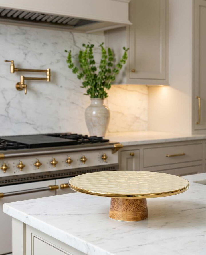 Naya Rustic Wood and Gold Cake Stand — Luxury Table Decor