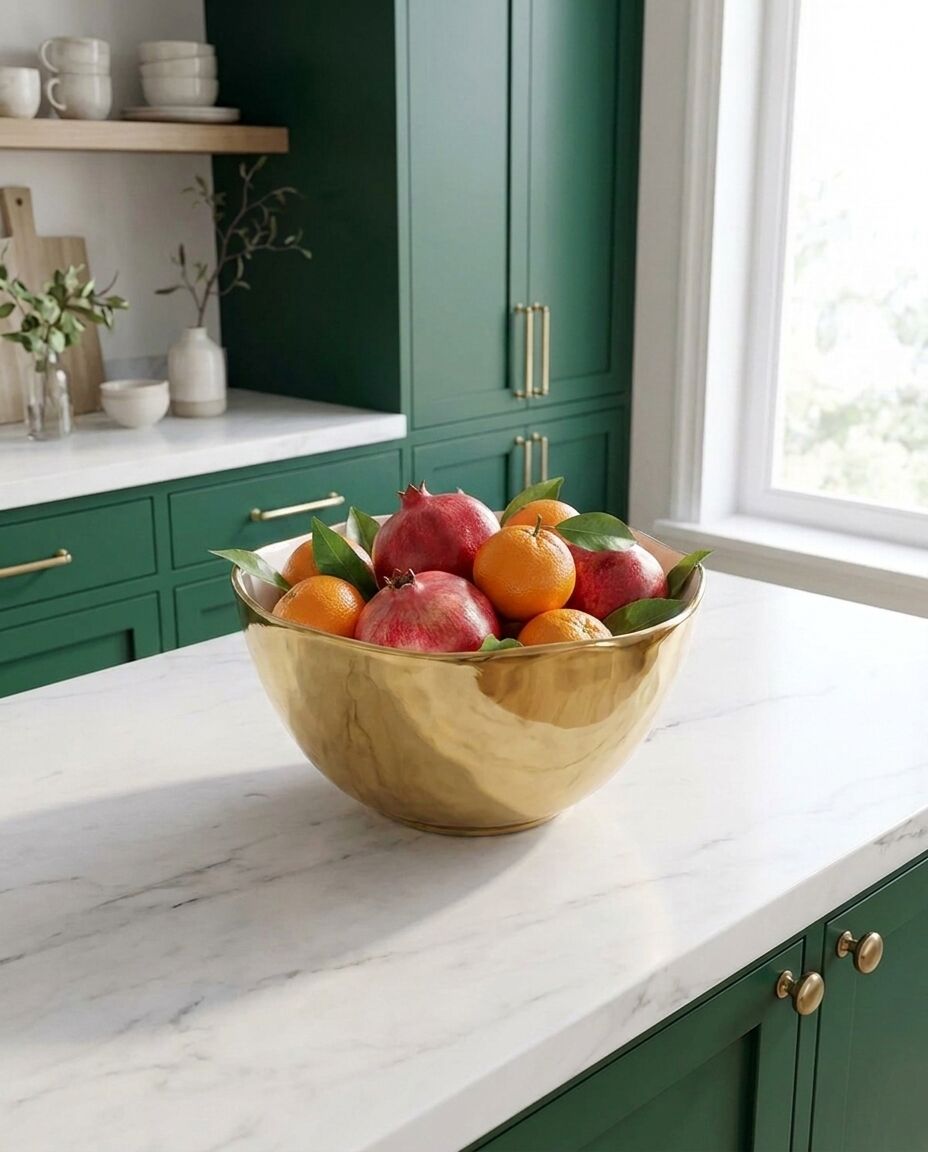 Gold bowl with fruits on a marble countertop in a kitchen with green cabinets.