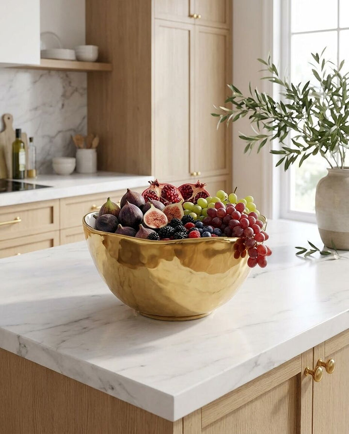 Gold bowl filled with fruits on a kitchen counter