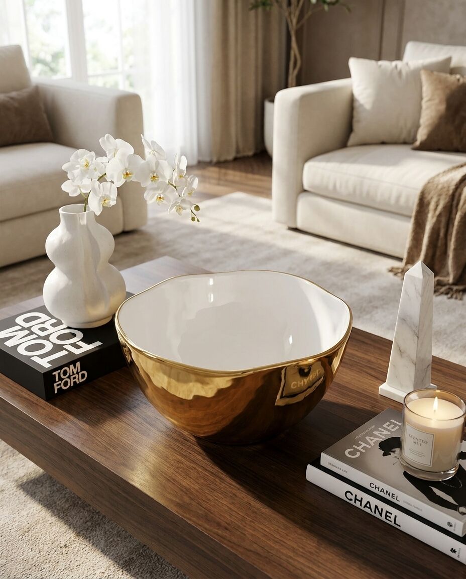 Decorative bowl on a coffee table with books and a candle in a living room setting.