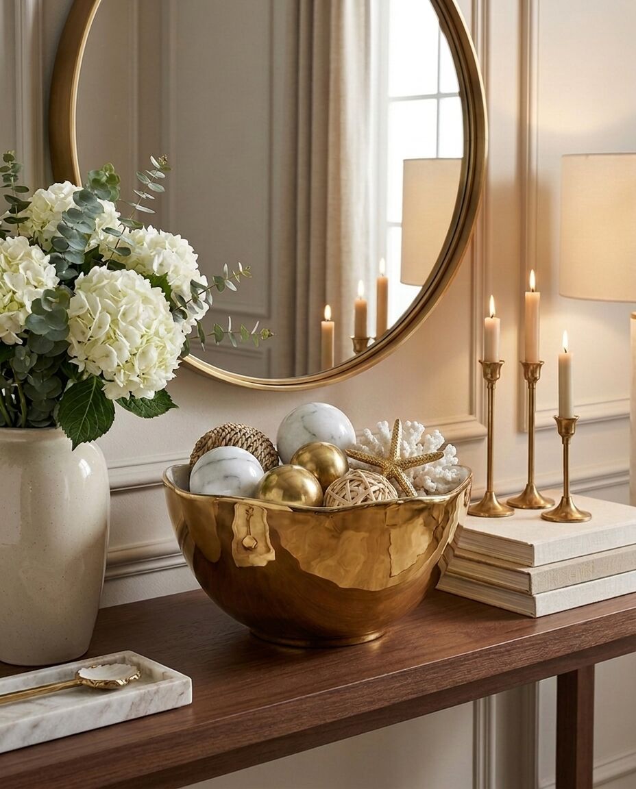 Decorative setup on a console table with a gold bowl, candles, and flowers.