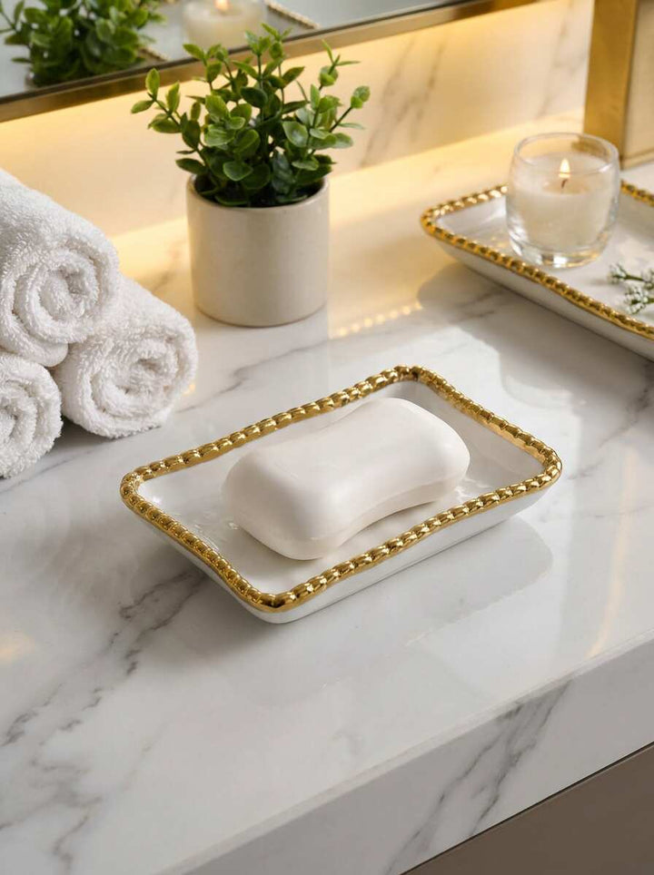 Sienna White and Gold beaded Soap Dish — Premium Bathroom Decor