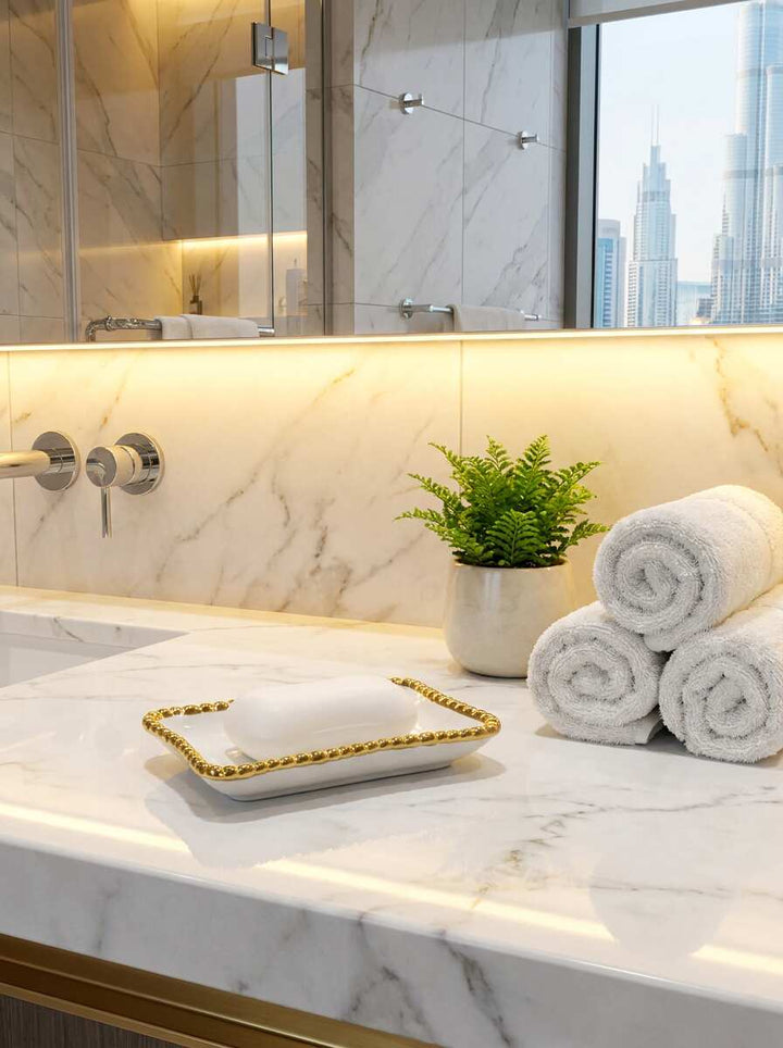 Sienna White and Gold beaded Soap Dish — Premium Bathroom Decor