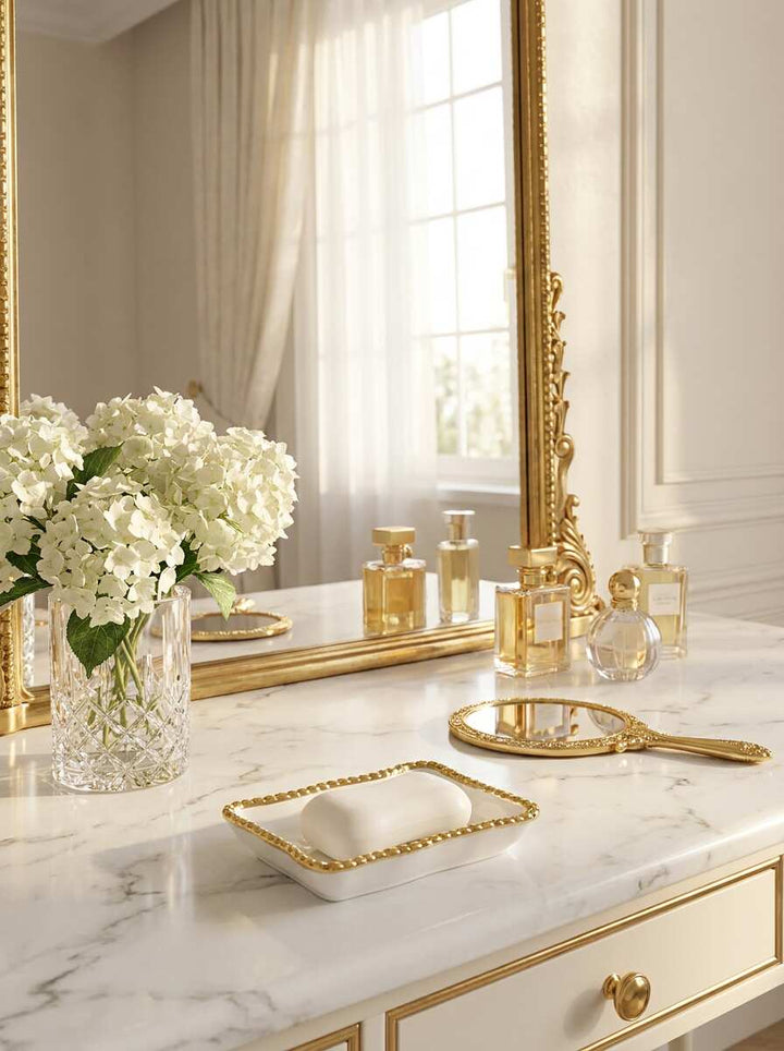 Sienna White and Gold beaded Soap Dish — Premium Bathroom Decor