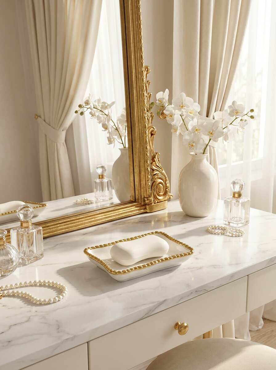 Sienna White and Gold beaded Soap Dish — Premium Bathroom Decor