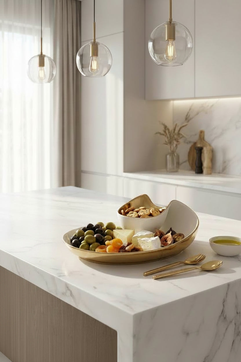 Modern kitchen with marble countertop, decorative bowl of snacks, and pendant lights.