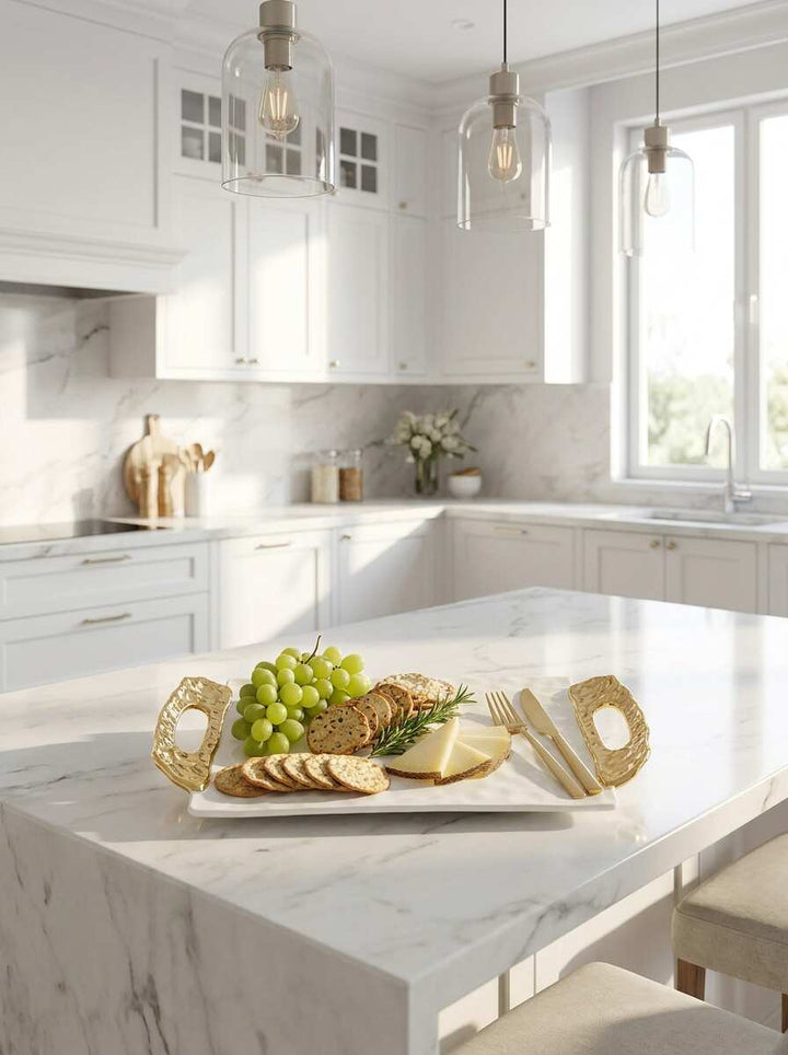 Moonlight White and Gold Tray With Handles — Luxury Home Decor