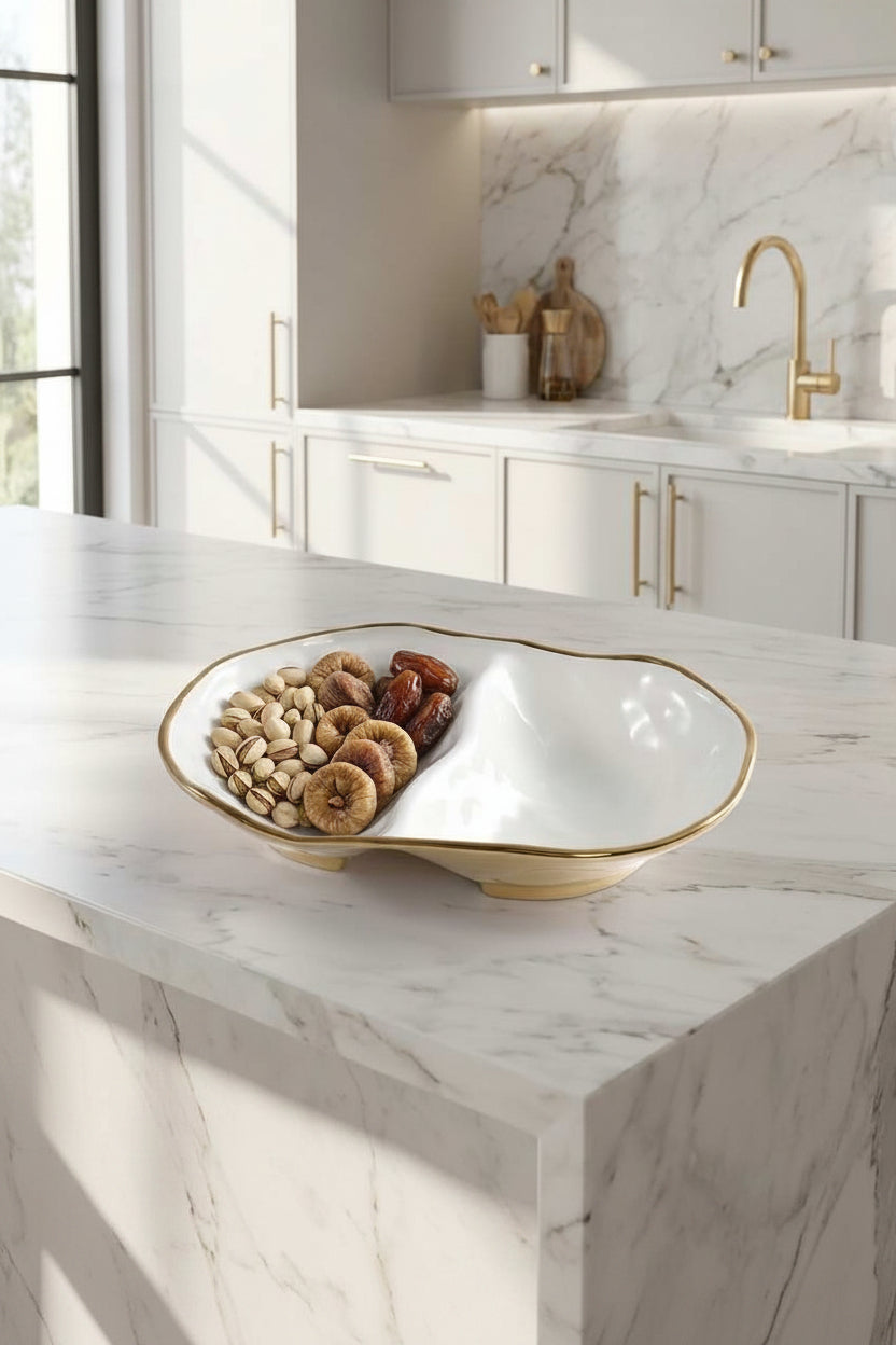 Decorative white dish with gold rim on a marble kitchen counter