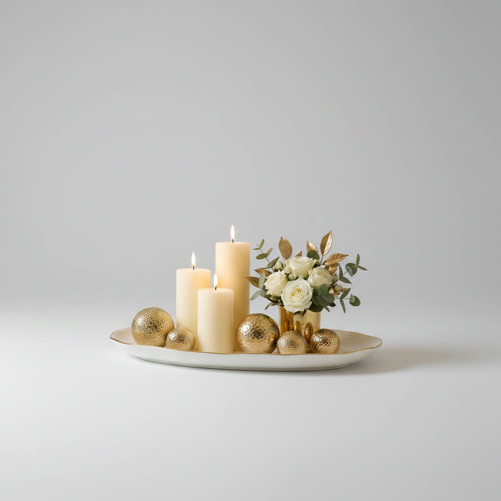 Decorative setup with candles, gold ornaments, and flowers on a marble surface.