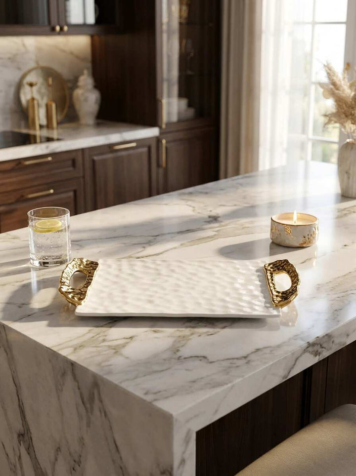 Moonlight White and Gold Tray With Handles — Luxury Home Decor