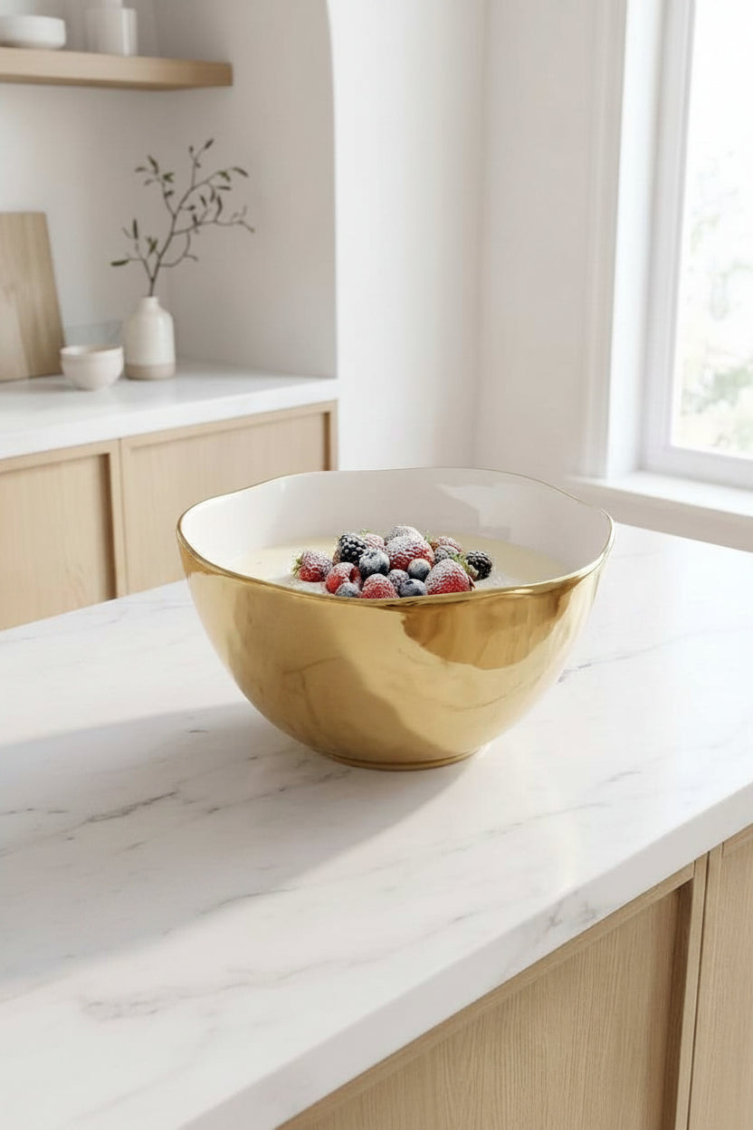 Gold bowl with berries on a marble countertop in a kitchen.