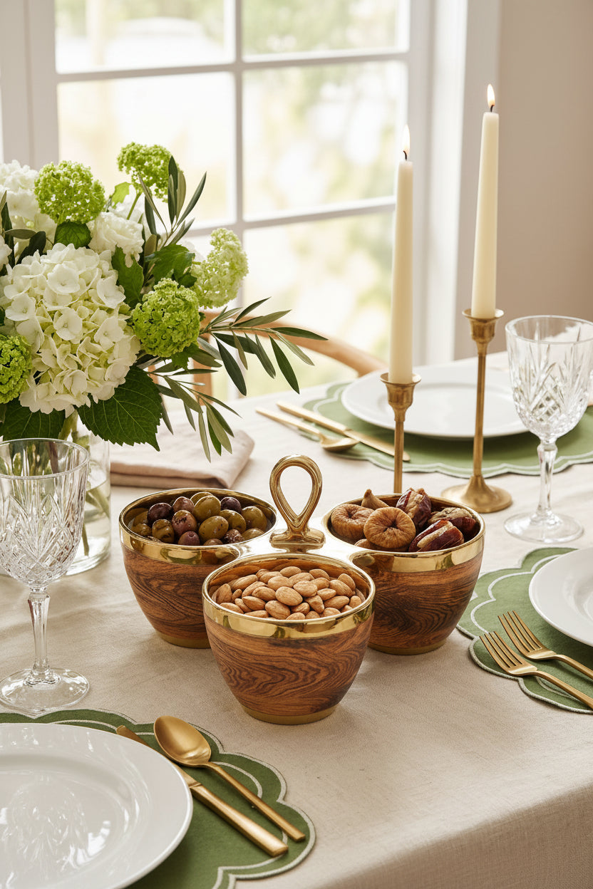 Decorative table setting with wooden bowls, nuts, and flowers on a tablecloth.