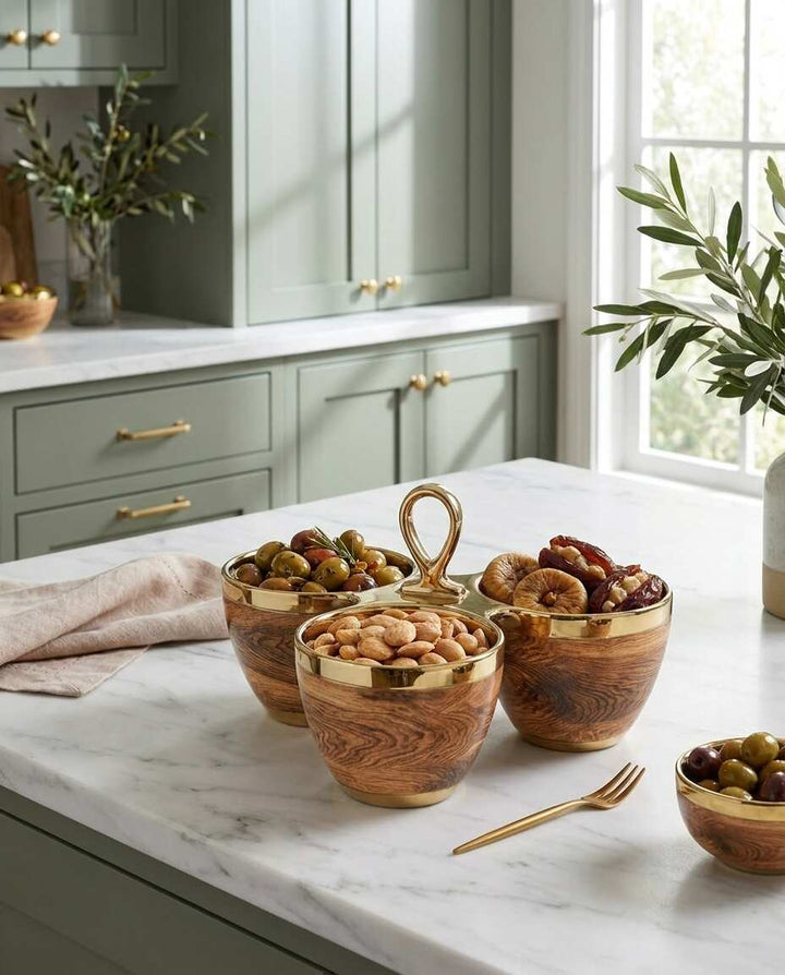 Naya Rustic Wood and Gold Sectional Server